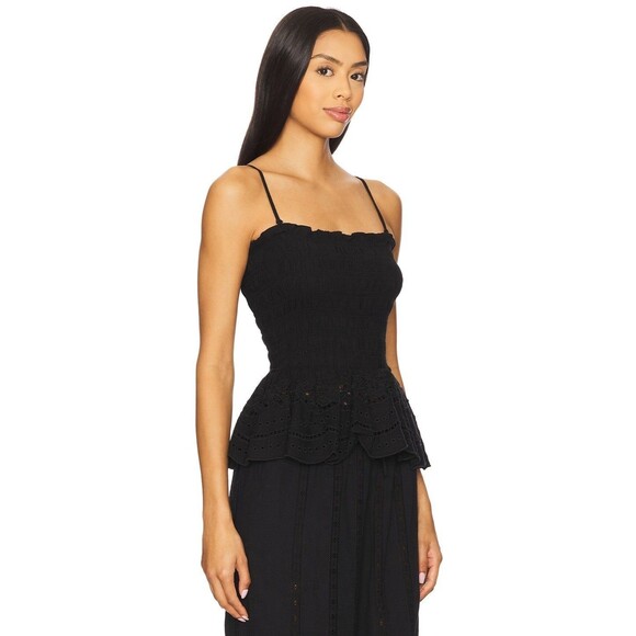Damson Madder Tops - Damson Madder Martina Cami Tank Top Smocked Broderie Cutout Black M-10 287412